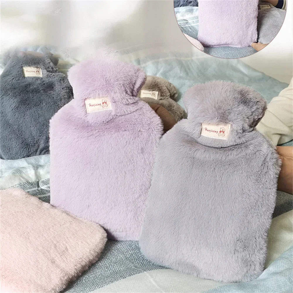 2000ml Large Capacity PVC Hot Water Bag with Rabbit Hair Velvet Cover Water Injection Hand Warmer Hot Compress Warm Water Bag