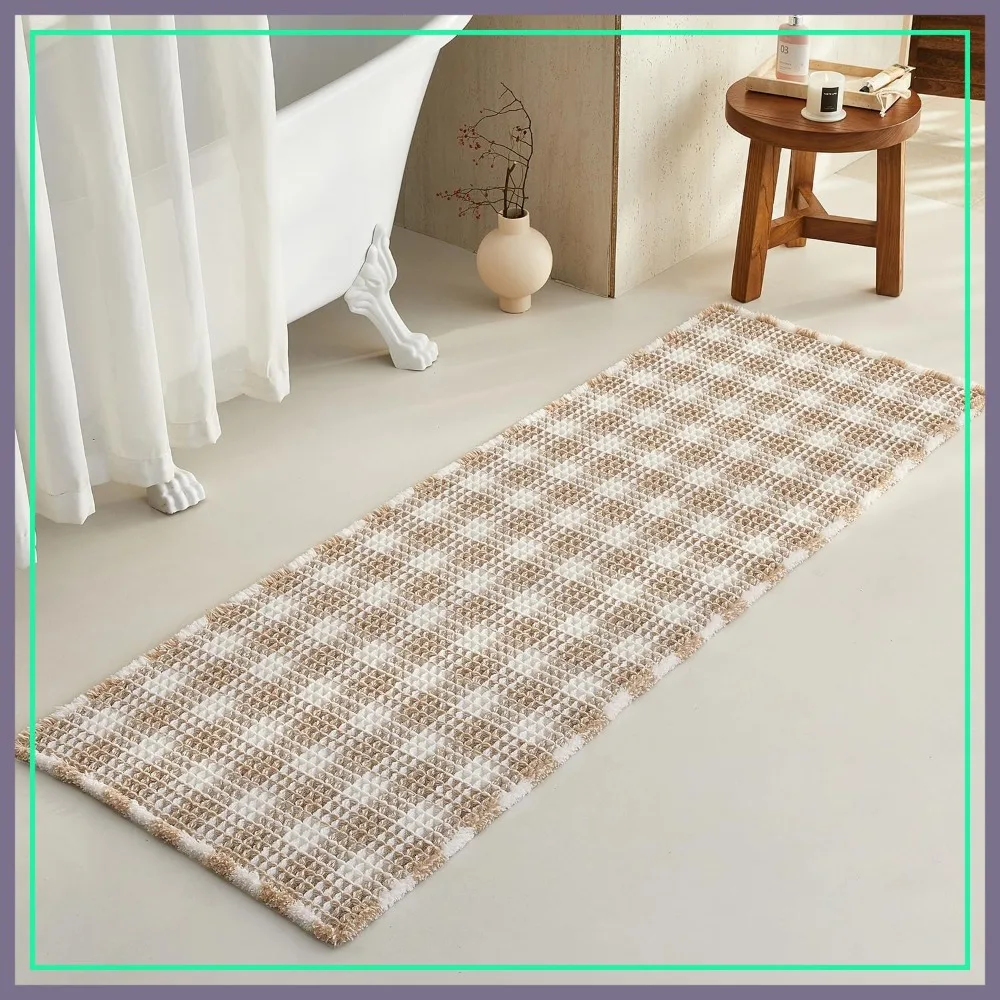 

Waffle Runner Rug Bathroom, Long Boho Non Slip Washable Absorbent Checkered Bath Mat, Quick Dry Farmhouse Mat, 72x24 Khaki White