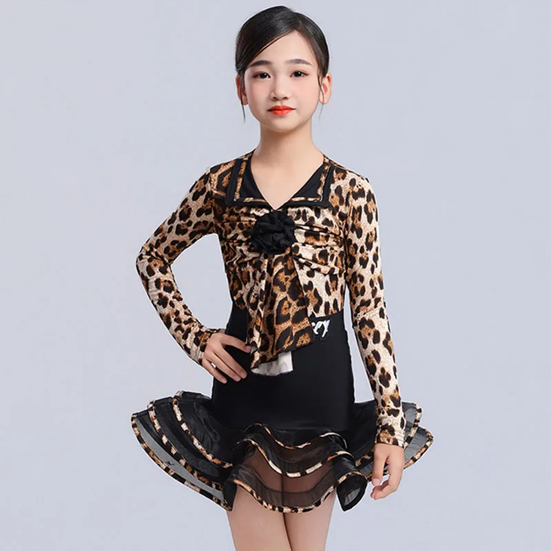 

Leopard Latin Dance Dress Girl Latin Show Performance Wear Long Sleeve Dance Suit Cha Cha Rumba Dancing Practice Clothes VDL5186