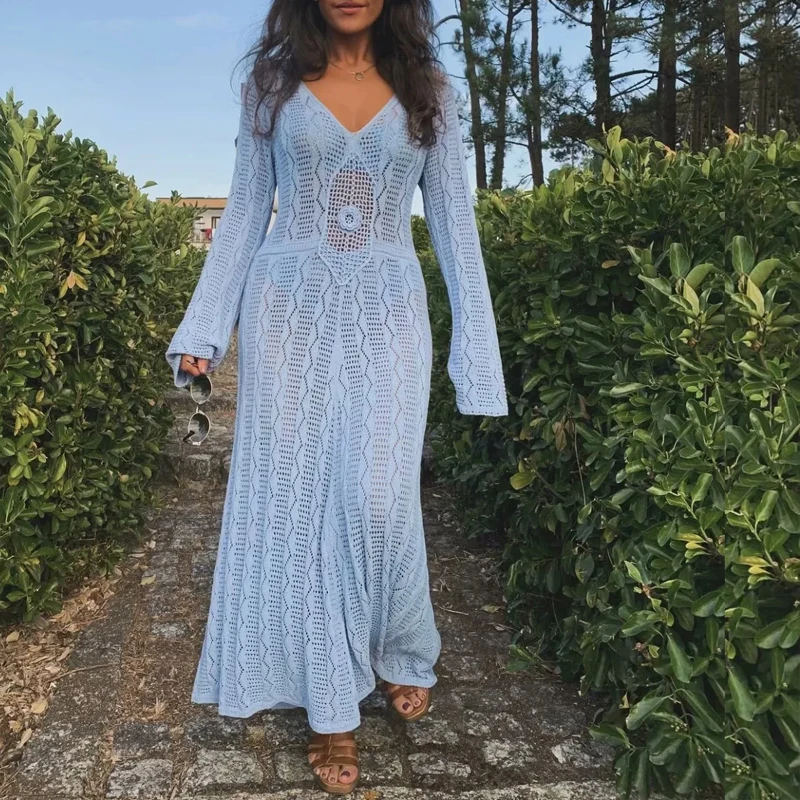 

Новые женские однотонные платья-бикини Весенние новые вязаные пляжные платья с вырезами Элегантные длинные платья с расклешенными рукавами и v-образным вырезом