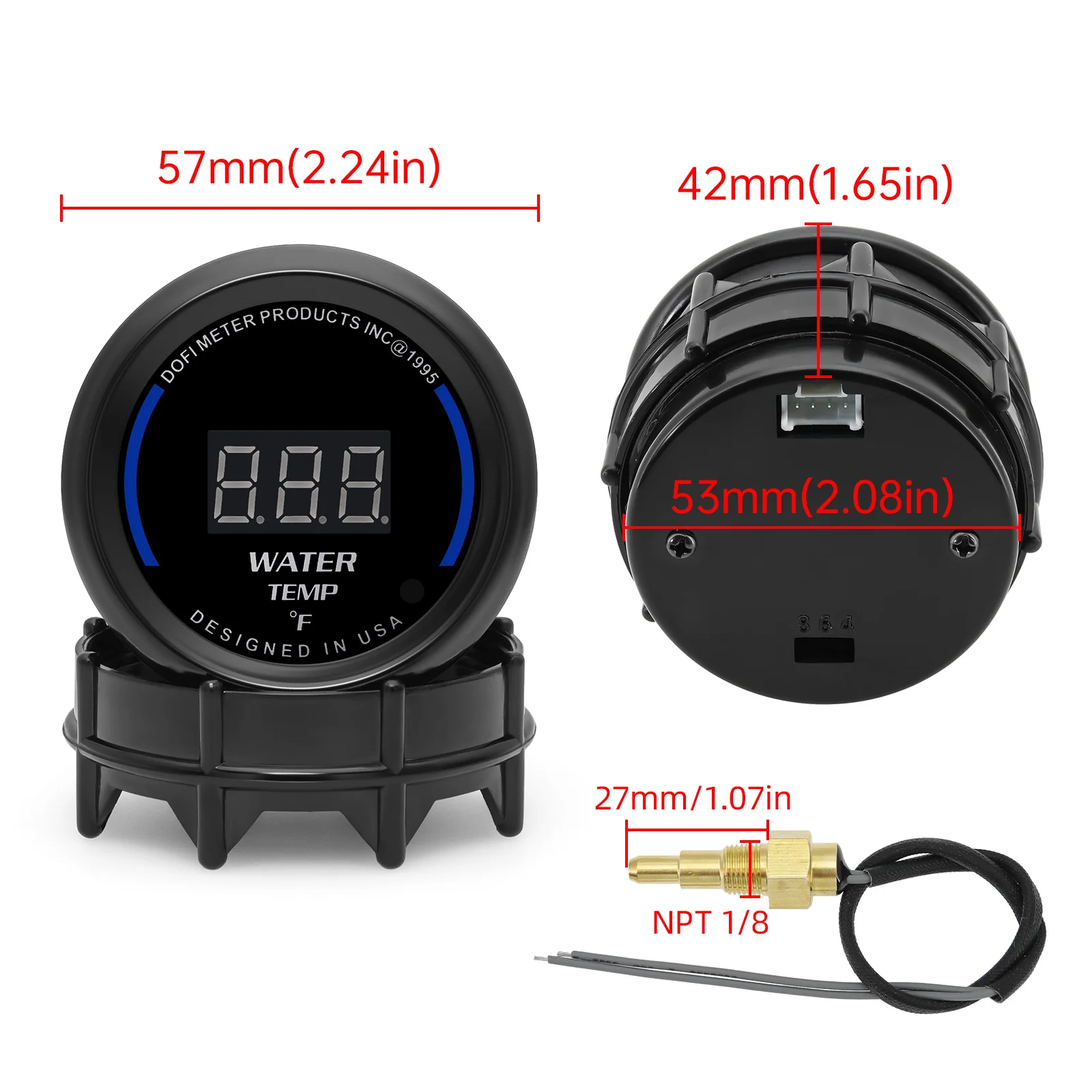 مقياس درجة حرارة الماء 52 مم مع مستشعر درجة حرارة الماء وإضاءة خلفية زرقاء لسيارة سباق البنزين 12 فولت #6