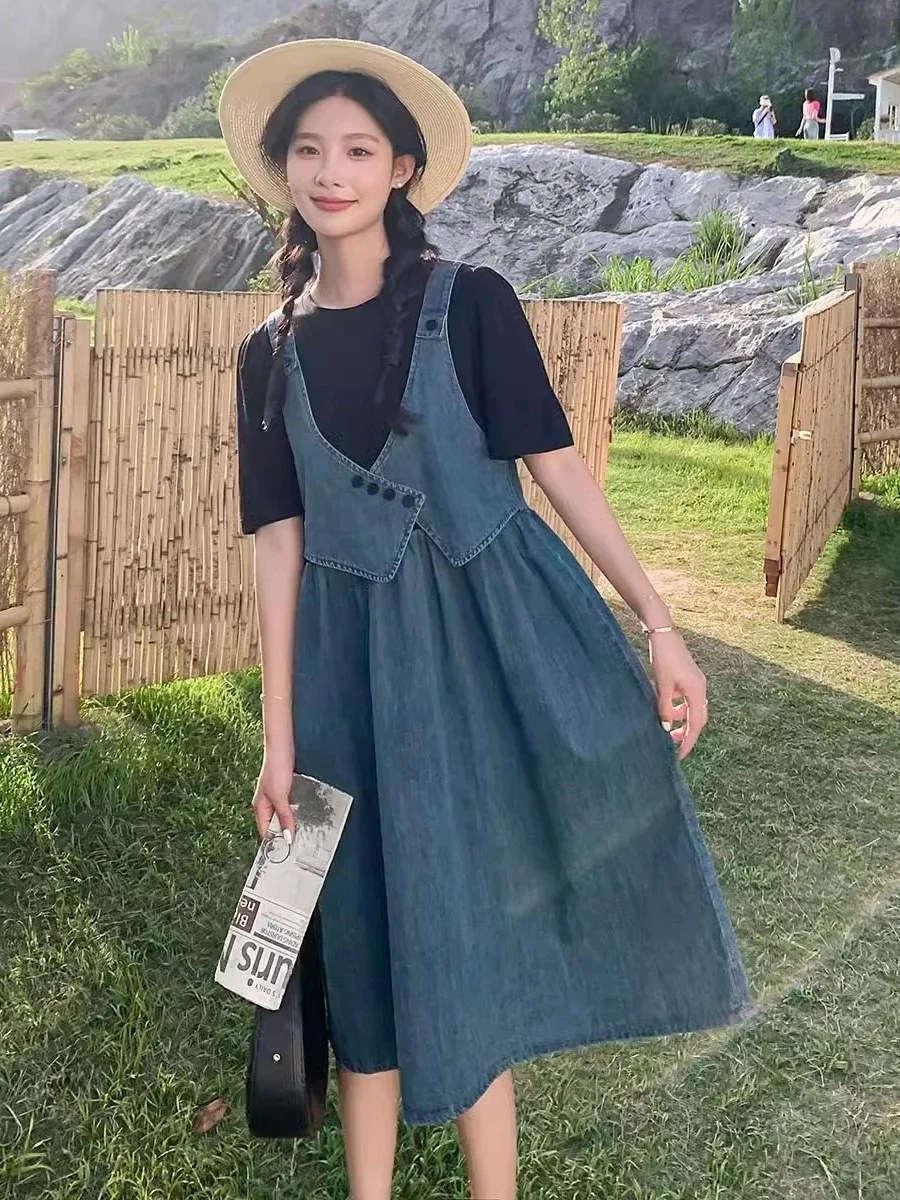 

plus Size Women's Korean Style A-Line Midi Dress Patchwork Denim Short Sleeve High Waist Breathable Summer Dress