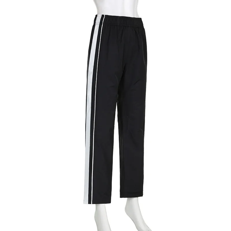 Street Jogging Personalized Black and White Patchwork Contrast Woven Pants for Women's High Waisted Straight Fit Casual Pants