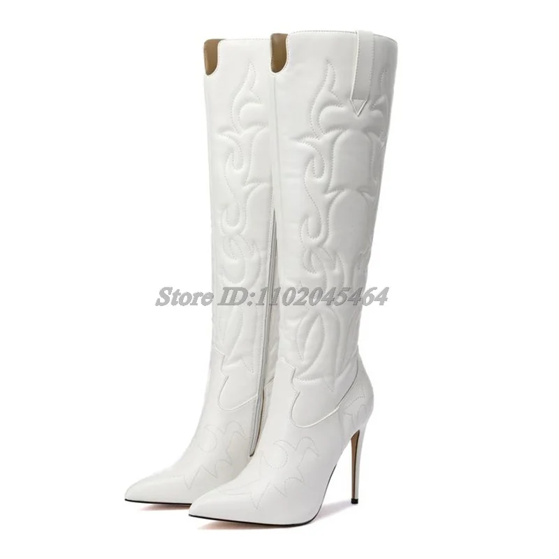 White/Black Embroidery Sexy Knee High Boots Women\'s Patent Leather Pointed Toe High Heels Zip Long Boot Luxury Designer Shoes