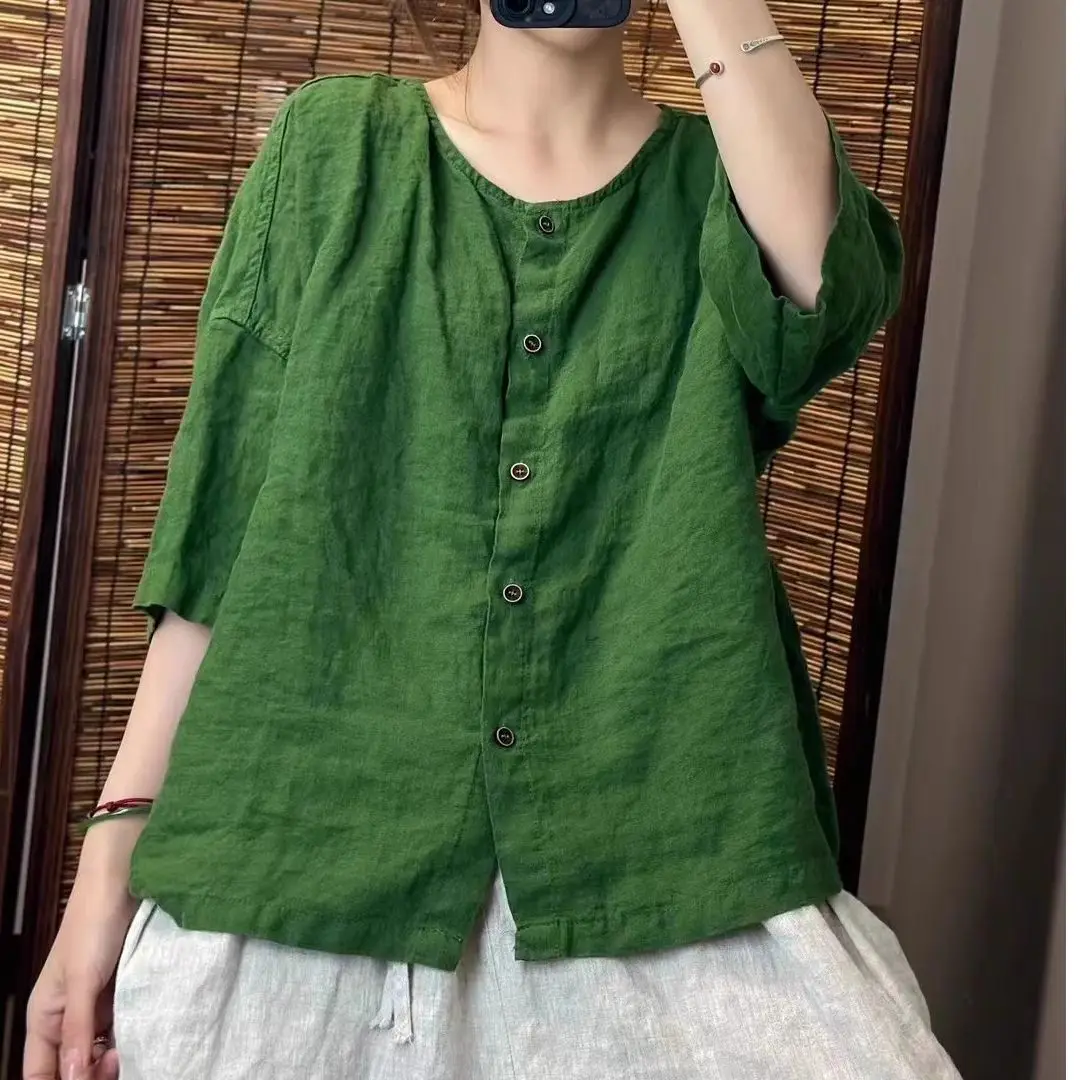 

plus Size Women's Cotton Linen Loose Shirt round Neck Color Summer New Style Slimming Top Breathable Short Sleeve Cardigan