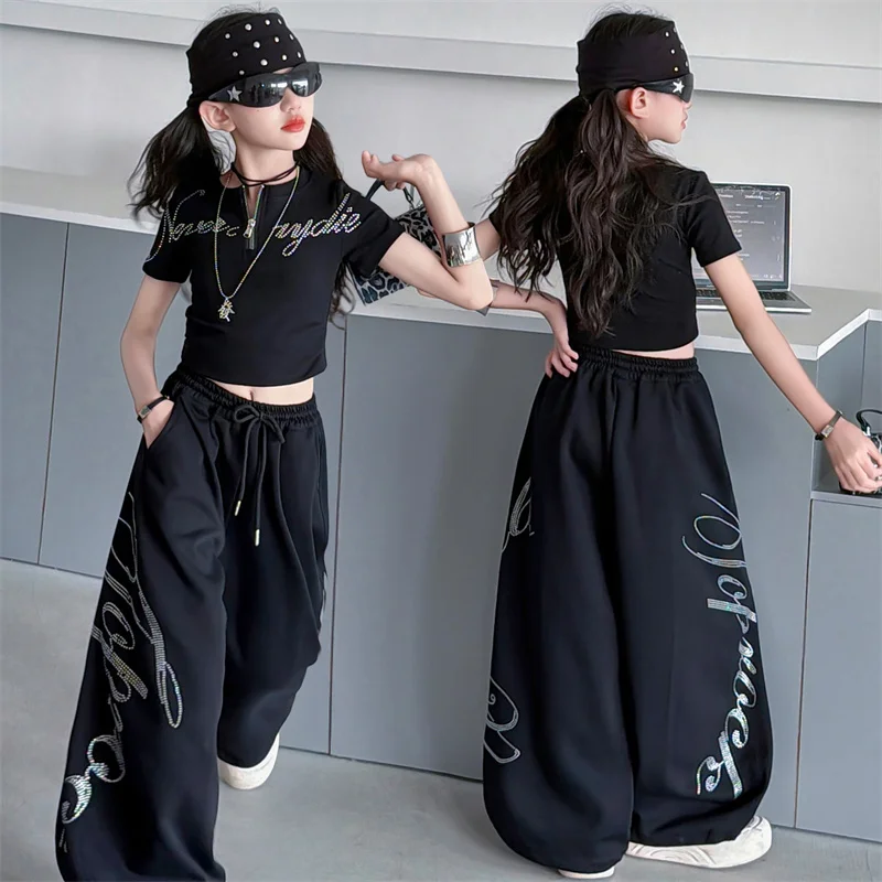 Teenage Girls Streetwear Dance Jazz Clothing Sets Summer Tshirt+Pants 2PCS Children's Fashion New Black Cool Outfits 8 10 12 14Y