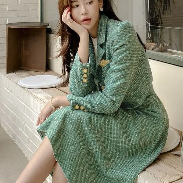 Women\'s Autumn/Winter Small Fragrance Rough Tweed Blazer A-line Skirt Set Vintage Casual Woolen Coat Half  Two Piece