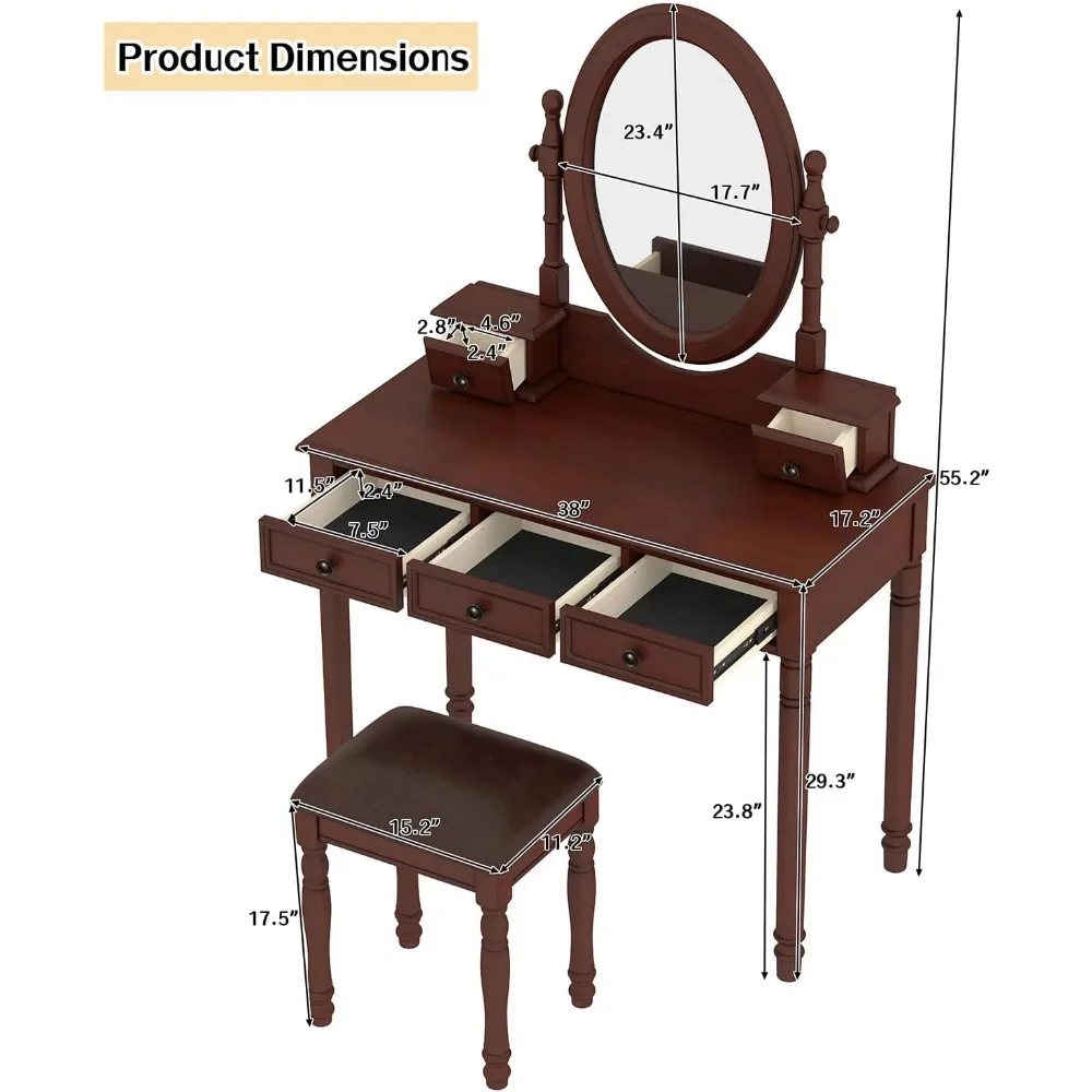 38'' Vintage Vanity with Adjustable Mirror, Vintage Makeup Table and Cushioned Stool Set with Velvet Fabric Lining 5 Drawers (Br