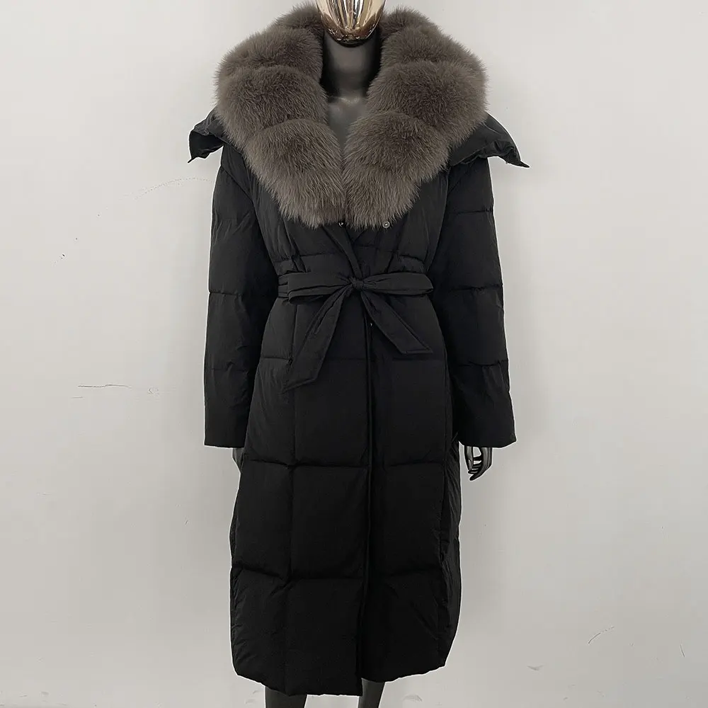 OFTBUY doudoune femmes à capuche ceinture simple boutonnage véritable col de fourrure de renard veste hiver épais chaud ample blanc canard vers le bas manteau