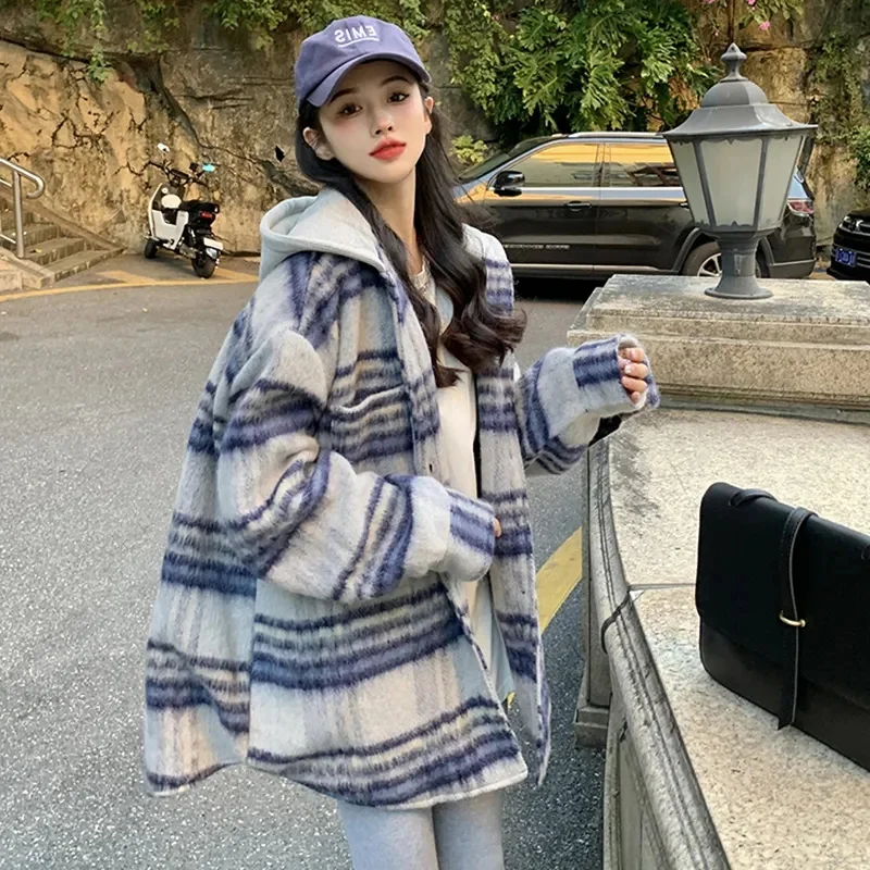 

Checkered Hooded Thin Woolen Jacket for Women Spring Autumn 2023 New Korean Version Loose Casual Lazy Style Top Shirt Commuting