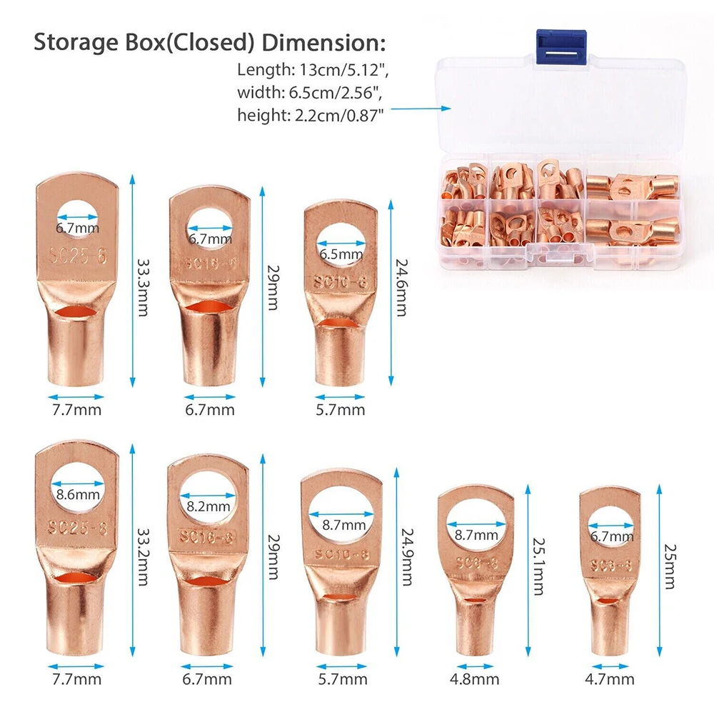 60pcs Wire Lug Connector Ring Copper Crimping Terminal O-ring Copper Nose Terminal, Lug Battery Cable Terminal Connector Kit