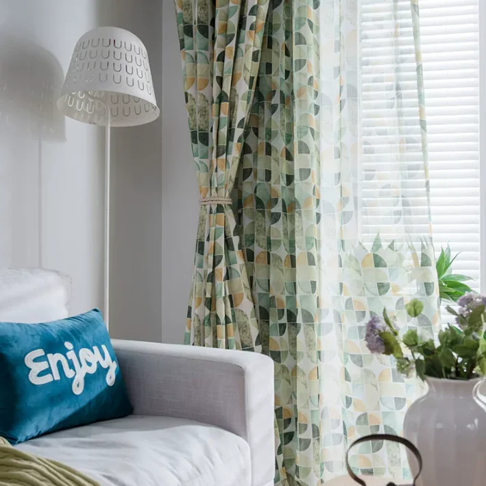 American Modern Simple Green Geometric Semicircle Jacquard Curtains Living Room Bedroom Balcony Blackout Curtains