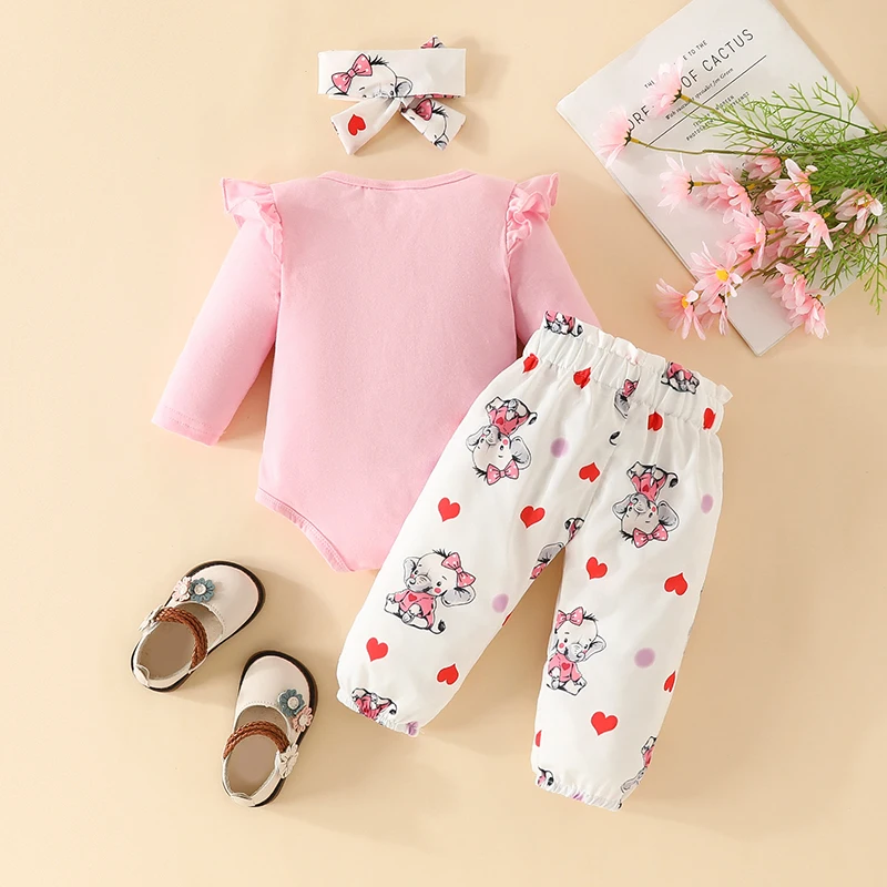 Baby Girl Clothes 3 Piece Newborn Set Pink Long Sleeve Elephant Print Bodysuits Trousers With Hairband Baby Outfits 0-18 Months