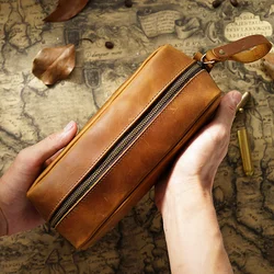 Large Capacity Pencil Case Genuine Leather Pen Pouch Zipper Cowhide School Bag Student Retro Stationery Storage Bag Pen Box