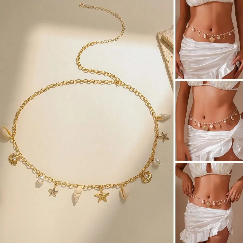 Summer Bohemian Waist Chain Sea Star Starfish Shell Pendant Shell Waist Link Hollow Out Alloy Body Chain for Women