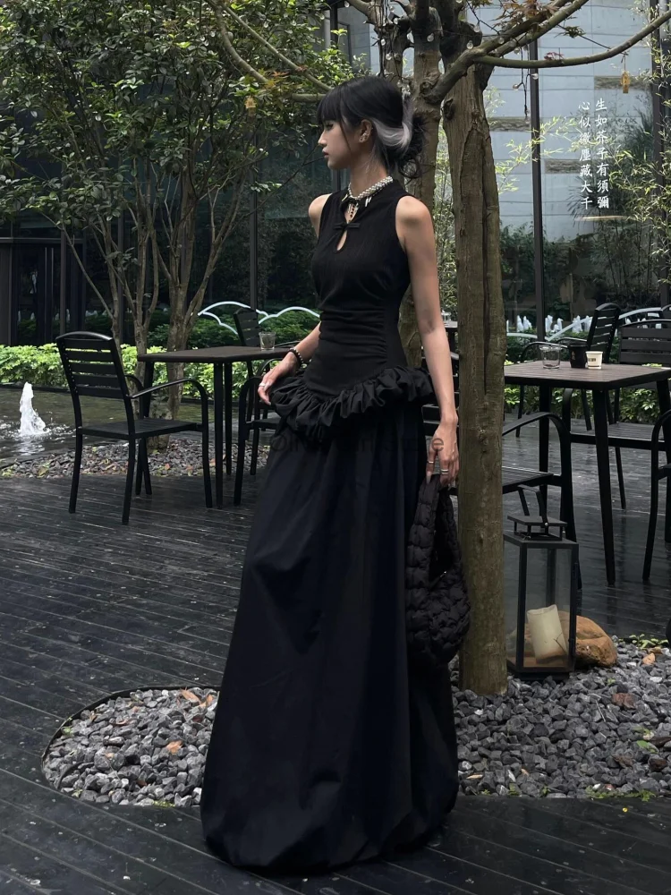 Hepburn estilo preto sem mangas vestido roupas femininas tradicional chinês verão babados borda cintura a linha vestido longo festa