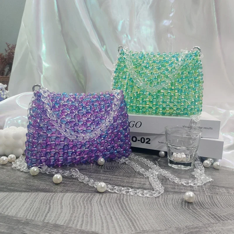 Women's Fashion Retro Gradual Purple Hand Woven Beaded Bag DIY Shoulder Messenger Bags Exquisite Elegant Handbag Mobile Party