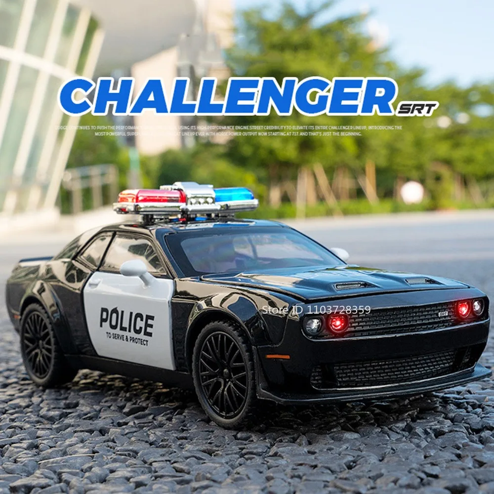 

1:32 Challenger Police Car Model Toys Alloy Diecast Challenger SRT Sports Cars Sound Light Doors Opened Pull Back for Kids Gifts