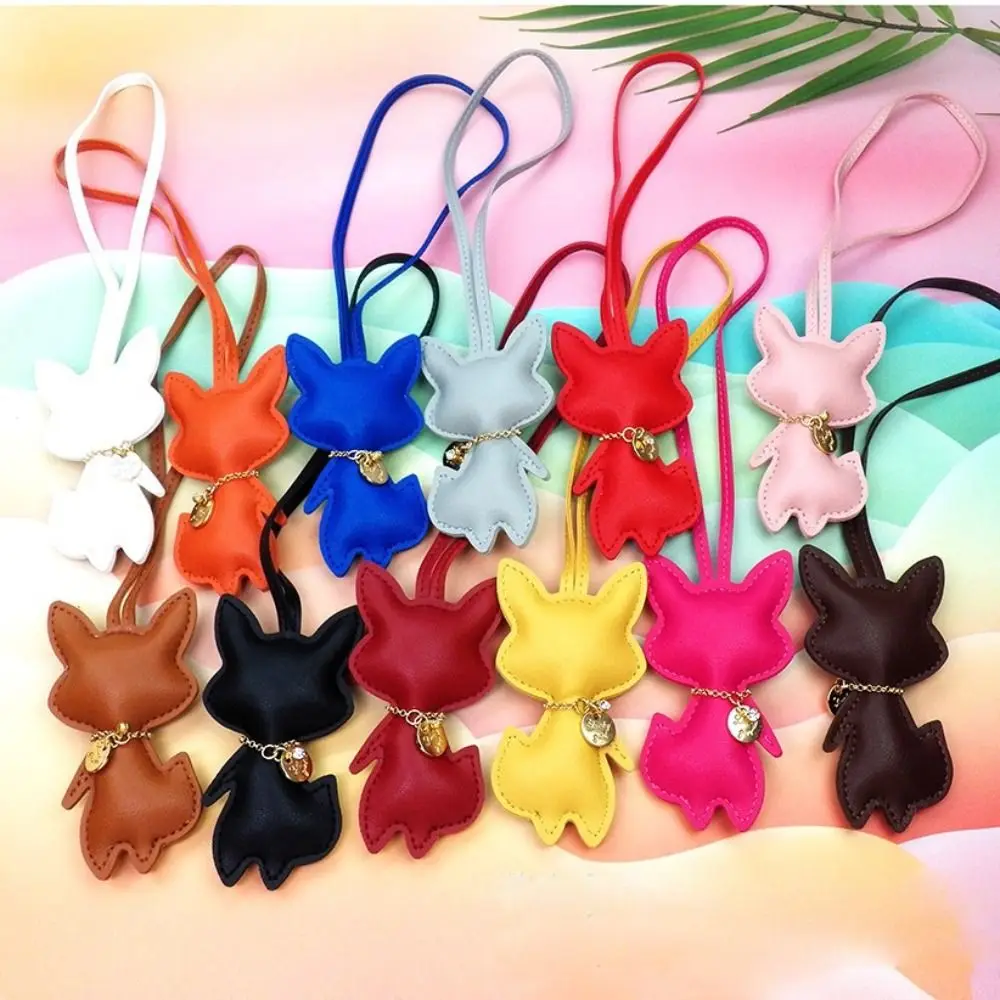 Cute Cartoon Fox Keychain Solid Color PU Leather Animal Keyring Personalized Backpack Hanging Decoration For Women Gifts