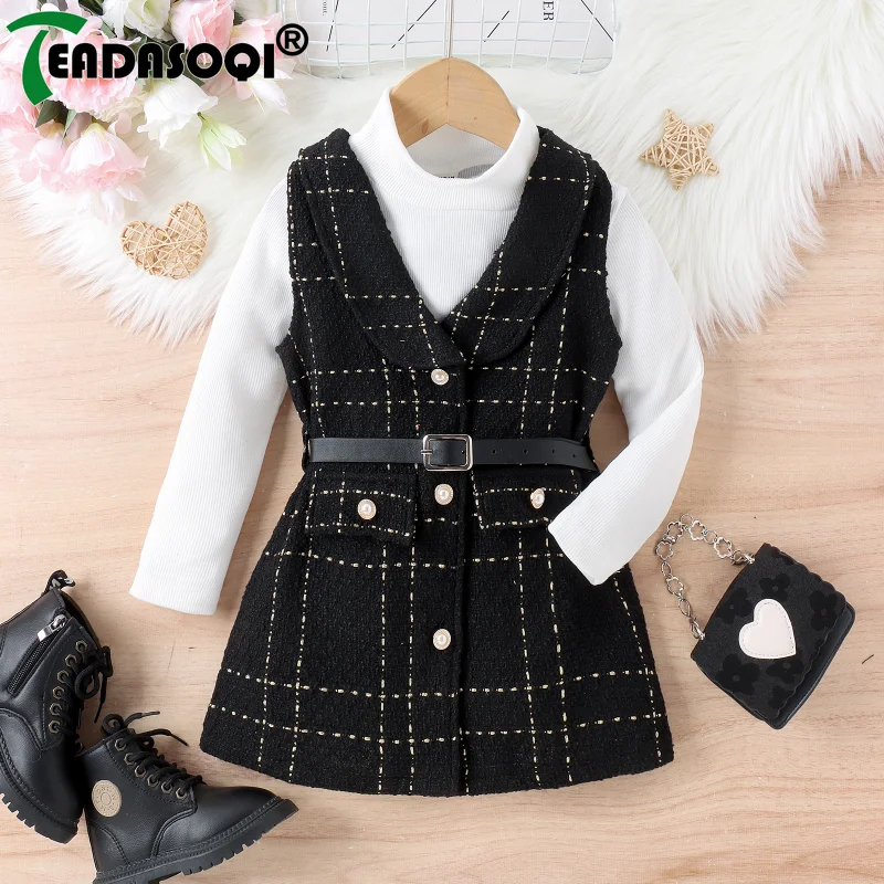 

Kids Girls Clothing Suit Autumn Winter Plaid Tweed Vest Jacket Coat with Belt and Rib Knit Long-sleeved Sweater 2Pcs Set 4-7Y