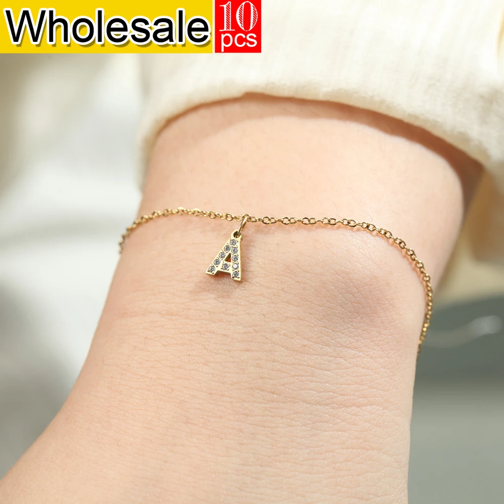 10PCS Simple Style Stainless Steel Women's Pendant Bracelet with 26 letters Sparkling Zircon Accessories and Jewelry Wholesale