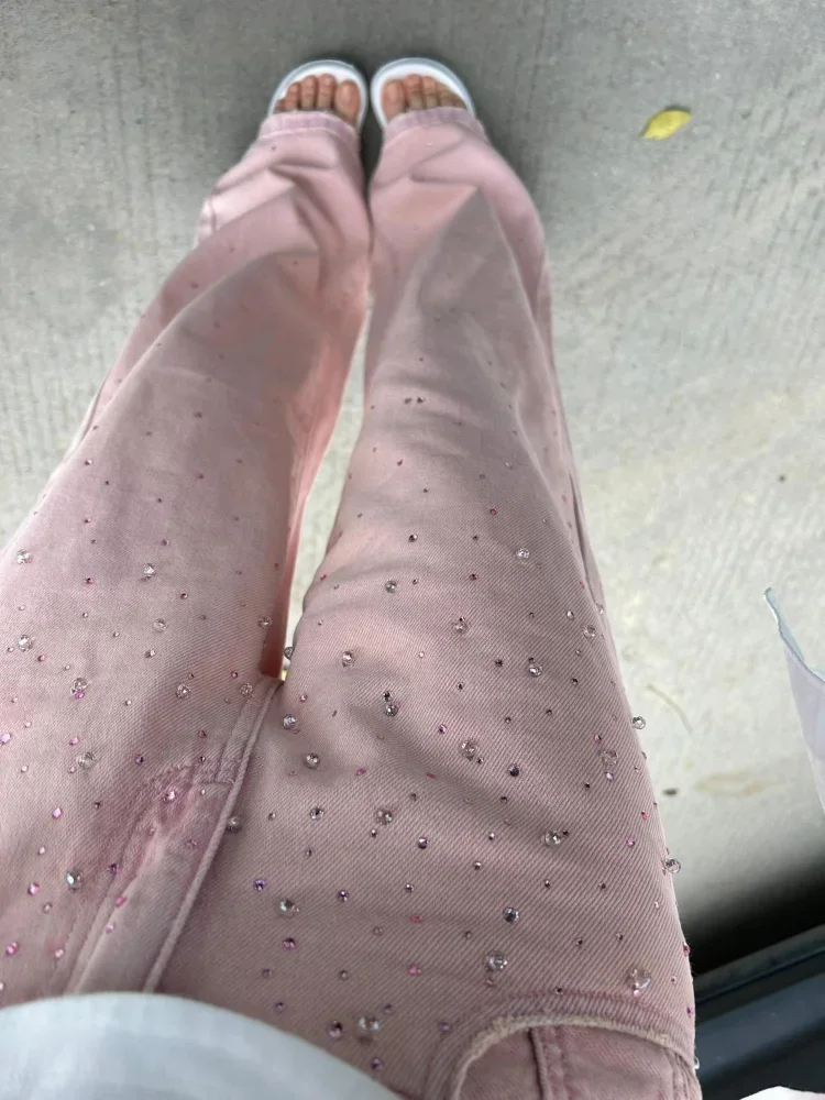 

Pants for Women Ripped Trousers Pink with Rhinestones High Waist Shot Straight Leg Pockets Woman Jeans Retro Fashion Casual Wide