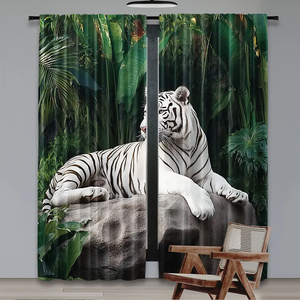 2Pcs Animals Curtain White Tiger Setting On Stone Tropic Plants Leaves Wild Jungle Majestic For Bedroom Living Room And Dining