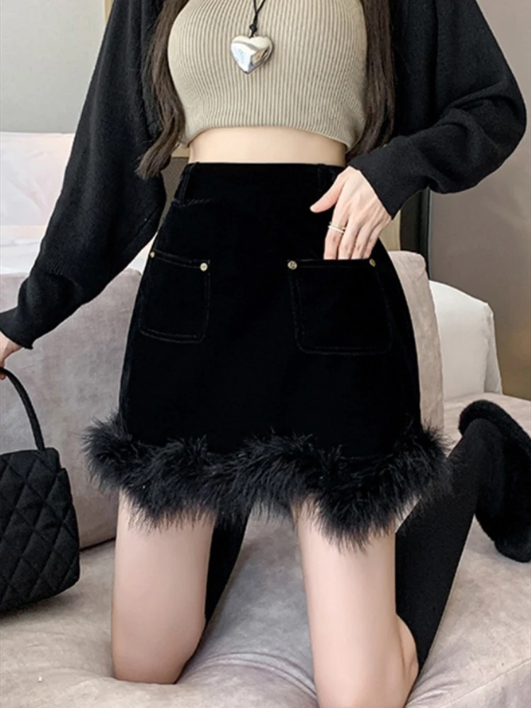 

Black Velvet Mini Skirt Women 2024 New Autumn/Winter Fashion Fur Spliced A-line Hip Wrap Spicy Girl Y2k Skirts Mujer