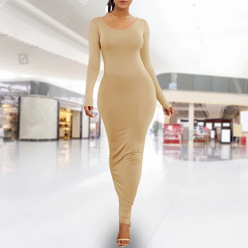 Kobiety wiosna jesień Sexy Solid Color z długim rękawem O-Neck Bodycon Maxi sukienka suknie wieczorowe eleganckie wygodne Vestidos