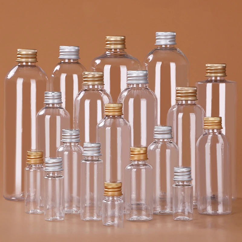 

50 шт., 5-120 мл, пластиковые бутылки с алюминиевой крышкой, прозрачные контейнеры для жидкости, бутылка для образцов косметического лосьона, портативные пустые бутылки для путешествий