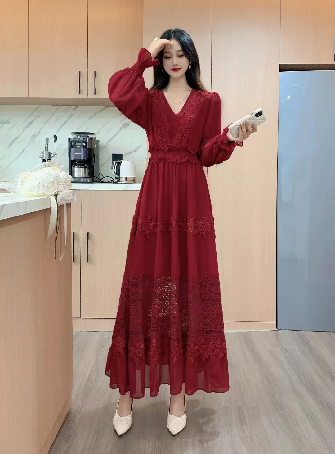 2023 New Spring Autumn Women V-Neck Long Sleeve Slim Long Dress High Quality Elegant Lace Patchwork Big Hem Evening Dress