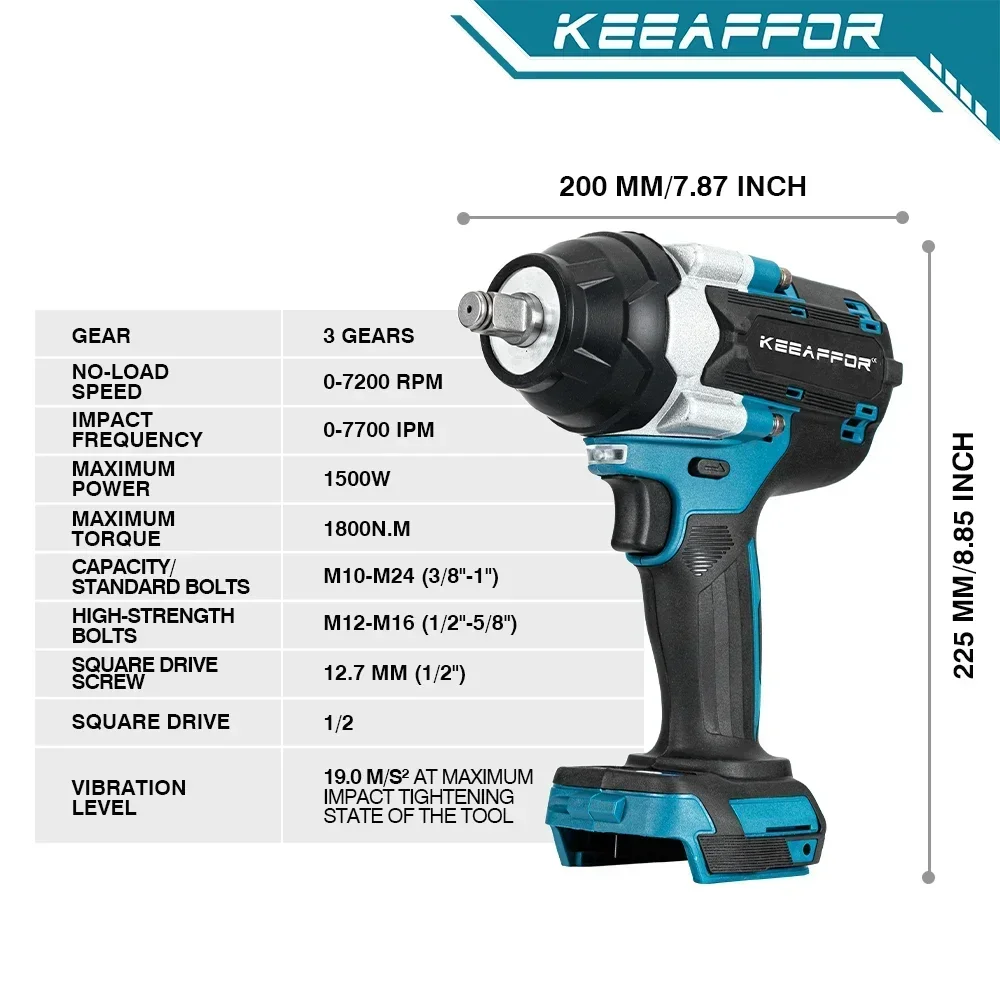 KEEAFFOR 1800N.M Torque Brushless Electric Impact Wrench 1/2Inch 5 Gears Cordless Drill Power Tools For Makita 18V Battery