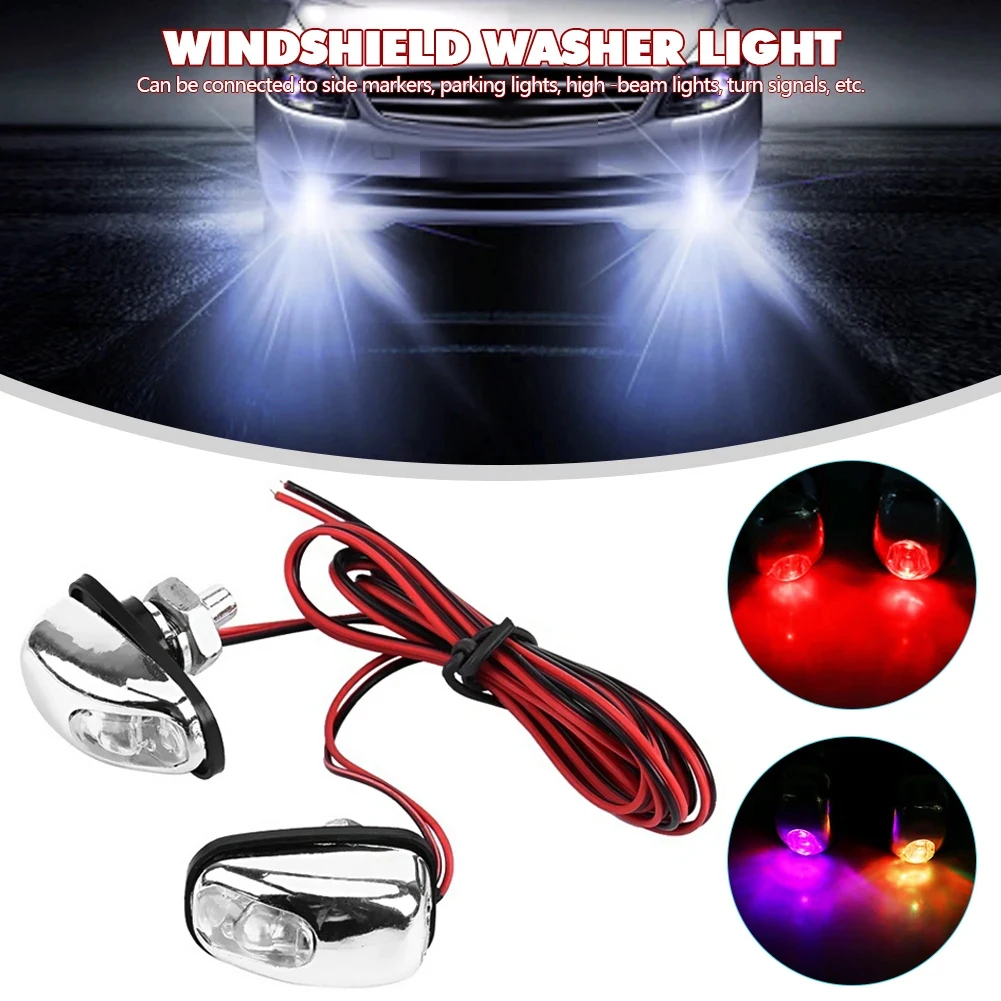 1 Pair Car Light Wiper Hood Windshield Water Spray Nozzle Washer Lamp 12V Universal Jet Water Spray Nozzle Spout With LED Light