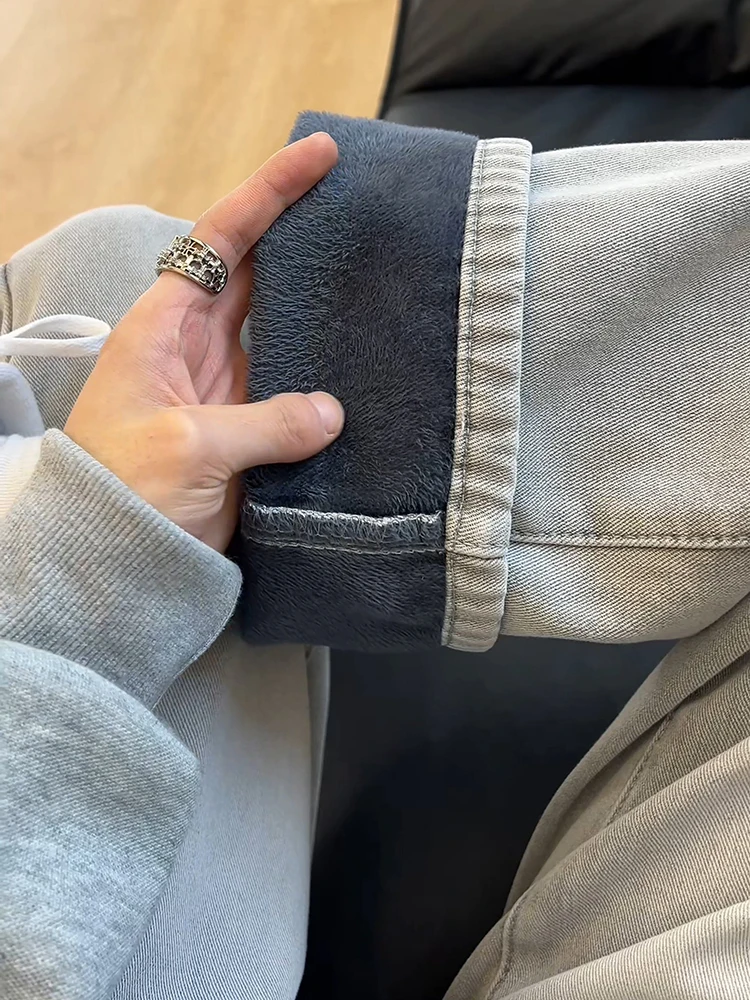 

Американские зимние джинсы с флисовой подкладкой, мужские прямые брюки, утепленные, с защитой от холода, очень теплые, расклешенные, длинные штаны