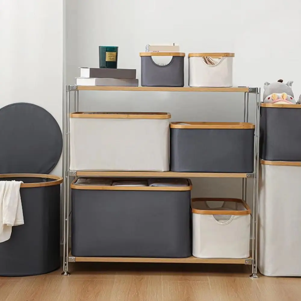 Collapsible Laundry Storage Basket Rectangle Thickened Fabric Storage Bins Waterproof Bamboo Handles Small Laundry Hamper