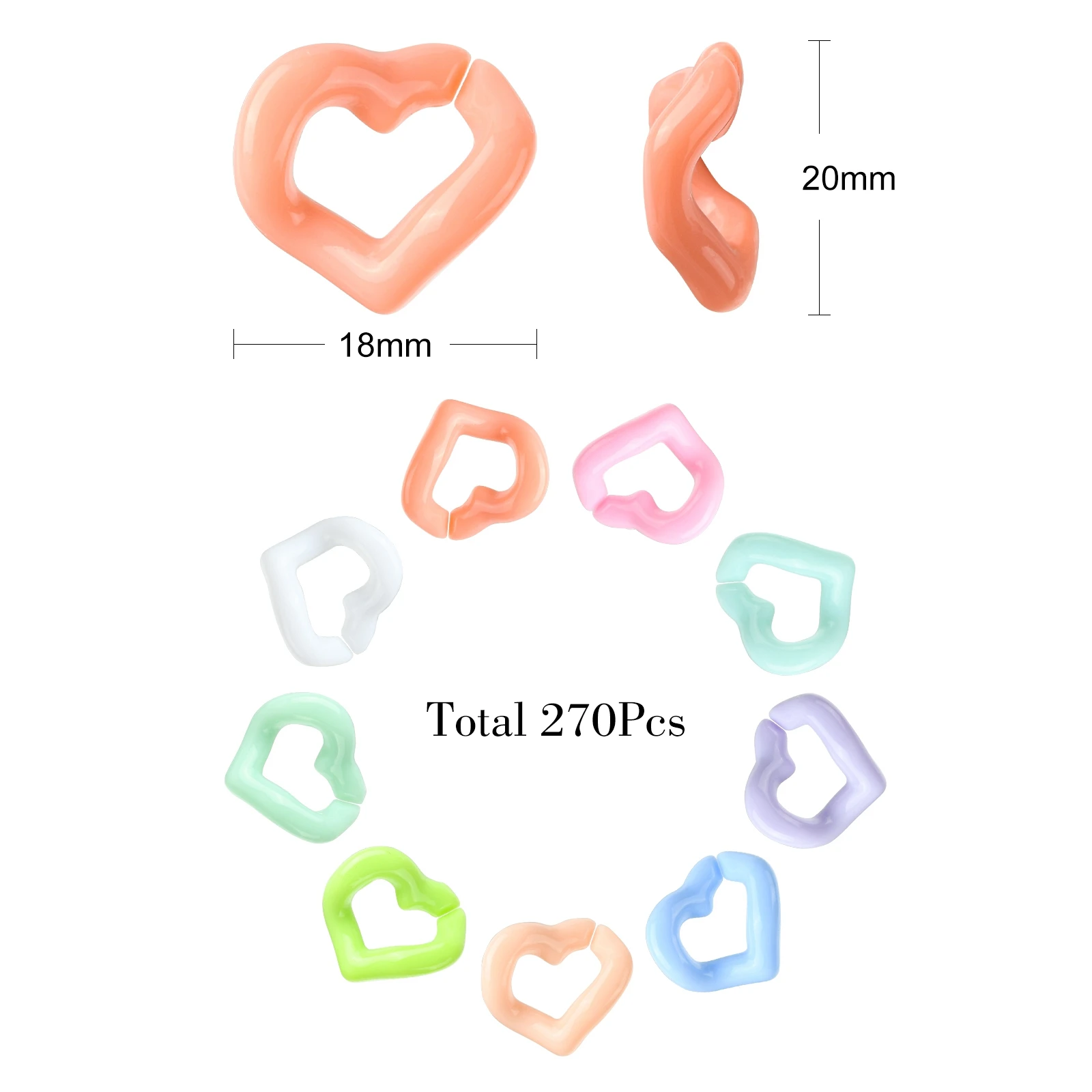 270Pcs 9 Colors Opaque Acrylic Curb Chains Heart Shape Chain Links Twist Acrylic Chain Link for Bag Chains Jewelry Making