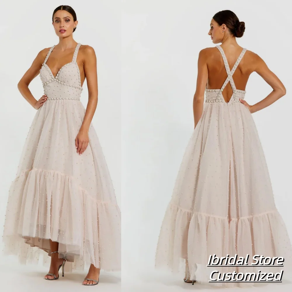 

Glitter Beads Evening Dresses Polka Dot Tulle Prom Dresses Sexy Backless Women's Wedding Party Dresses Customized