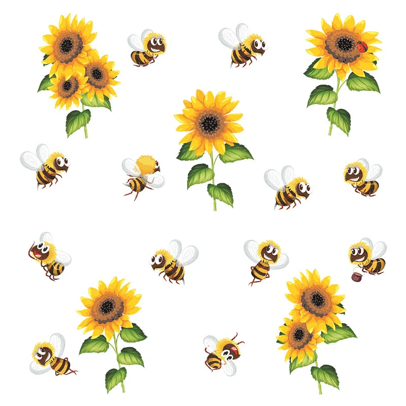 Small Bees Picking Flowers and Honey, Animal Wall Stickers Sunflower Glass Window Stickers PVC Self-adhesive Wall Stickers