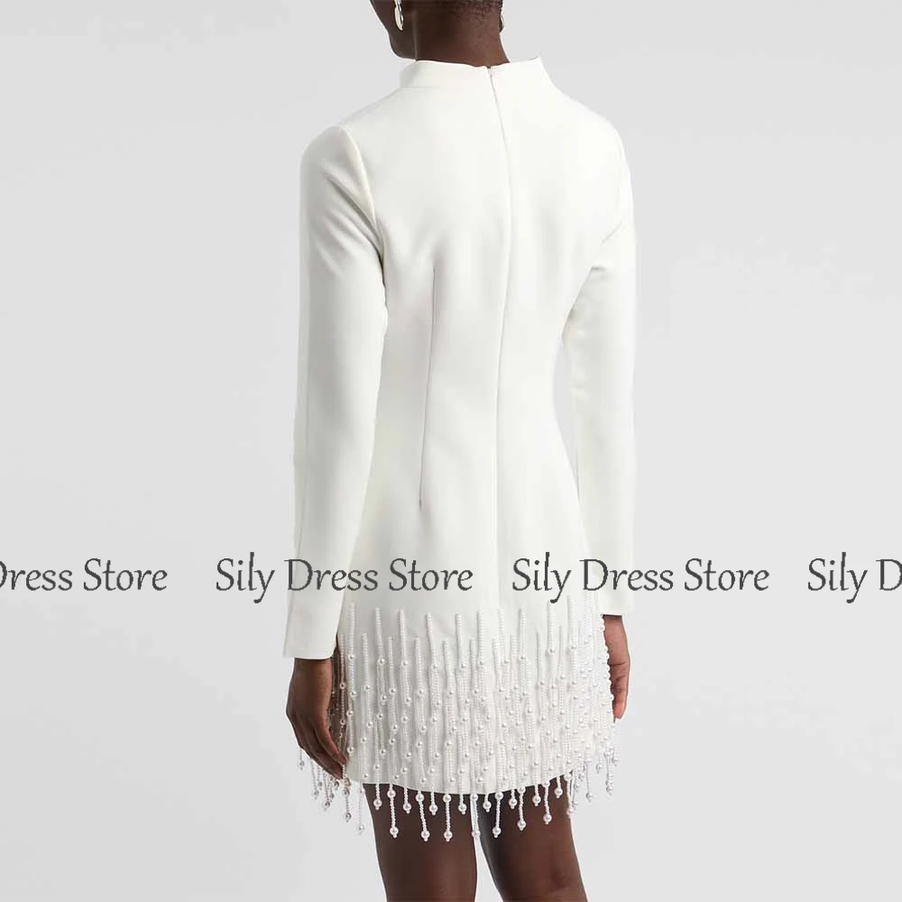 فساتين لحفلات الكوكتيل الفاخرة 2025 فستان جيرسي غمد/عمود للحفلات الراقصة أبيض بياقة عالية لؤلؤ شرابة وسحاب فساتين الحفلات الصغيرة #3