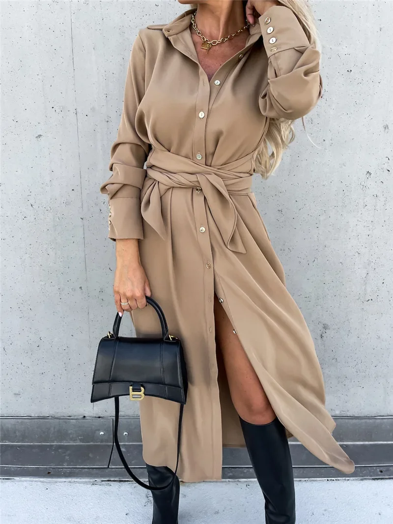 Women's New Autumn and Winter Fashion Shirt Lace-up Dress Solid Color Lapel Long Sleeve Single Breasted Cardigan Dress Vestidos