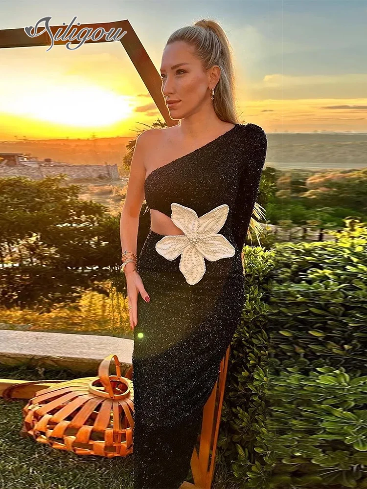 

Ailigou 2024 Women's Sexy One Shoulder Long Sleeve Sequin Hollow Flower Dress Midi Dress Bodycon Celebrity Party Evening Dress