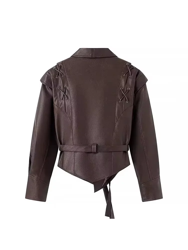 Lautaro Spring Distressed Brown Short Asymmetrical Pu Leather Jacket Blazer Women Retro Vintage Fashion Luxury Designer Clothes