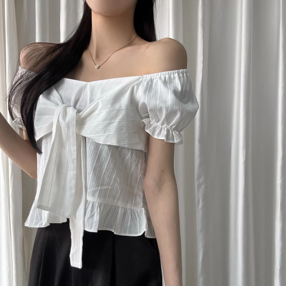 

Korean Style Short Pure Cotton Bubble Sleeve Square Collar Summer Shirt Women's Sweet Bow Tie Leaf Top Fashionable Slim Fit