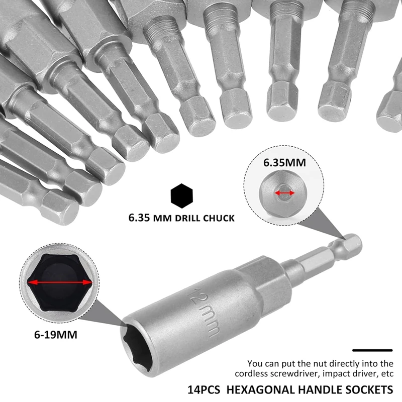 14 PCS Hexagonal Sockets Set Metal 6-19Mm Deep Socket Adapter Kit Hex Shank Nut Driver Bits Set Quick Change Nut Setter