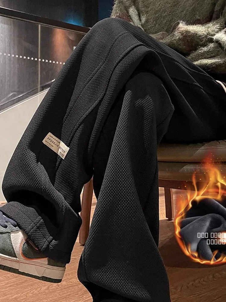 

Casual Thiened Silver Fur Sweatpants Men's Winter Drape Large Size Fce Lined Warm Straight Leg Cuffed Pants