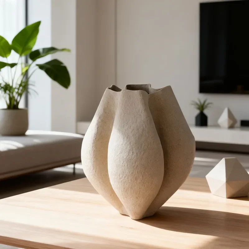 Modern Wabi Sansan Ceramic Vase for Living Room Decor Minimalist Flower Arrangement Ornament for Hotel Front Desk and Bedroom