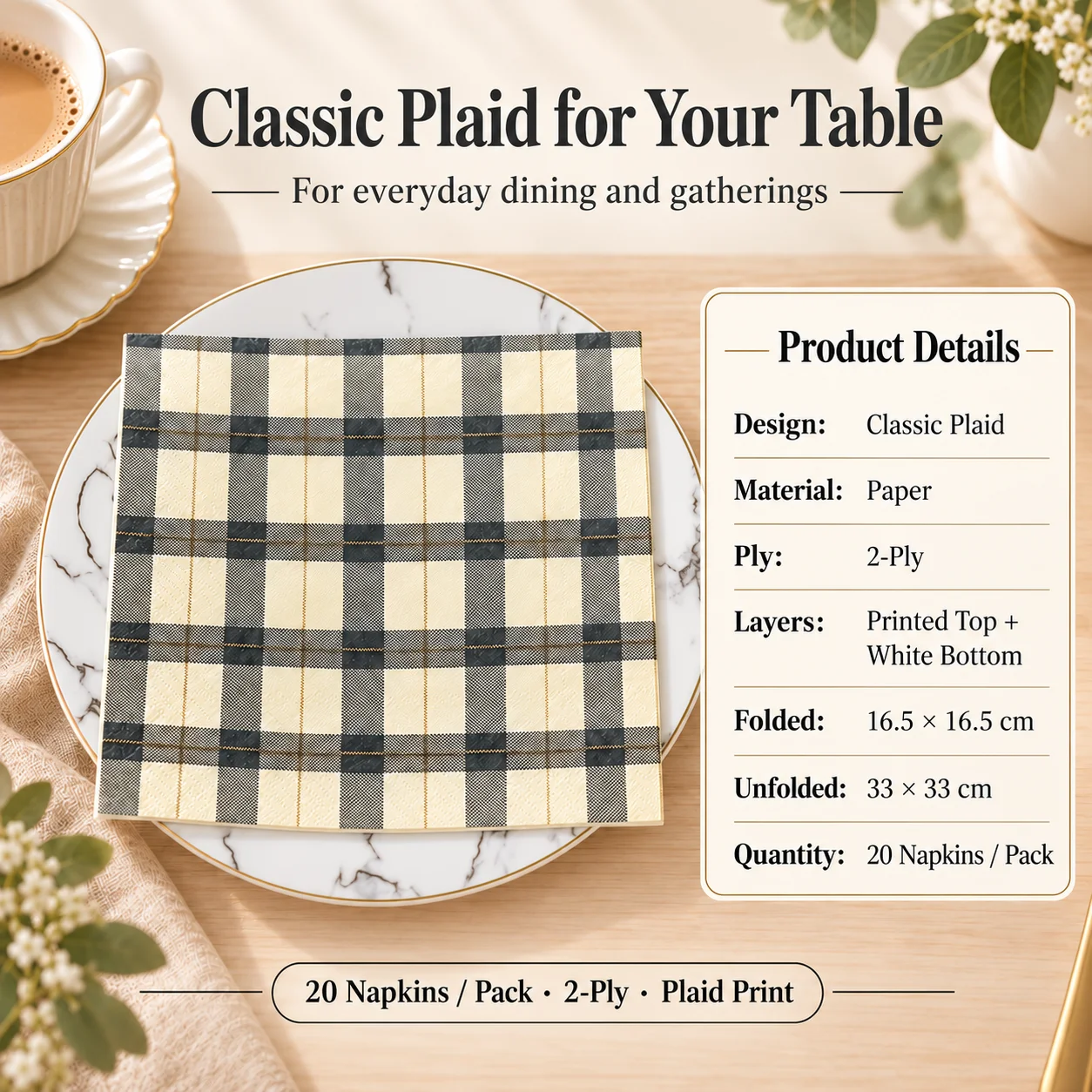 20pcs Plaid Paper Napkins 33x33cm 2-Ply Cream Grey Vintage Napkins for Dinner Parties Afternoon Tea Table Decoration