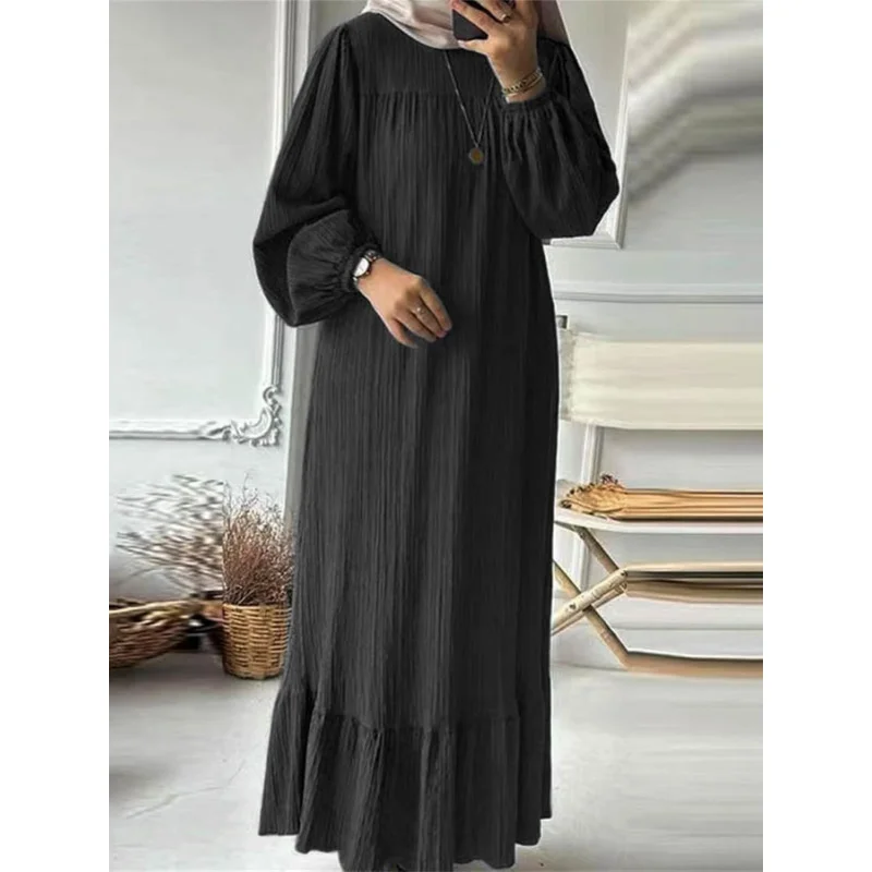

H716Muslim Women's Clothing Long Robe Spring Autumn New Fashion Long Sleeve Retro Long Dress Solid Color Ruffled Hem Dress