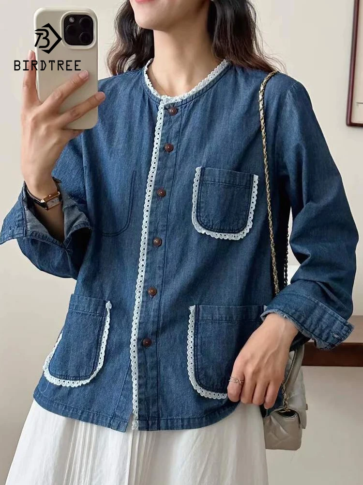

New 2025 Winter Long Sleeve Denim Coat, Women O Neck Lace Patchwork Pocket, Mori Girl French Retro Casual Loose Jacket C5N024CC
