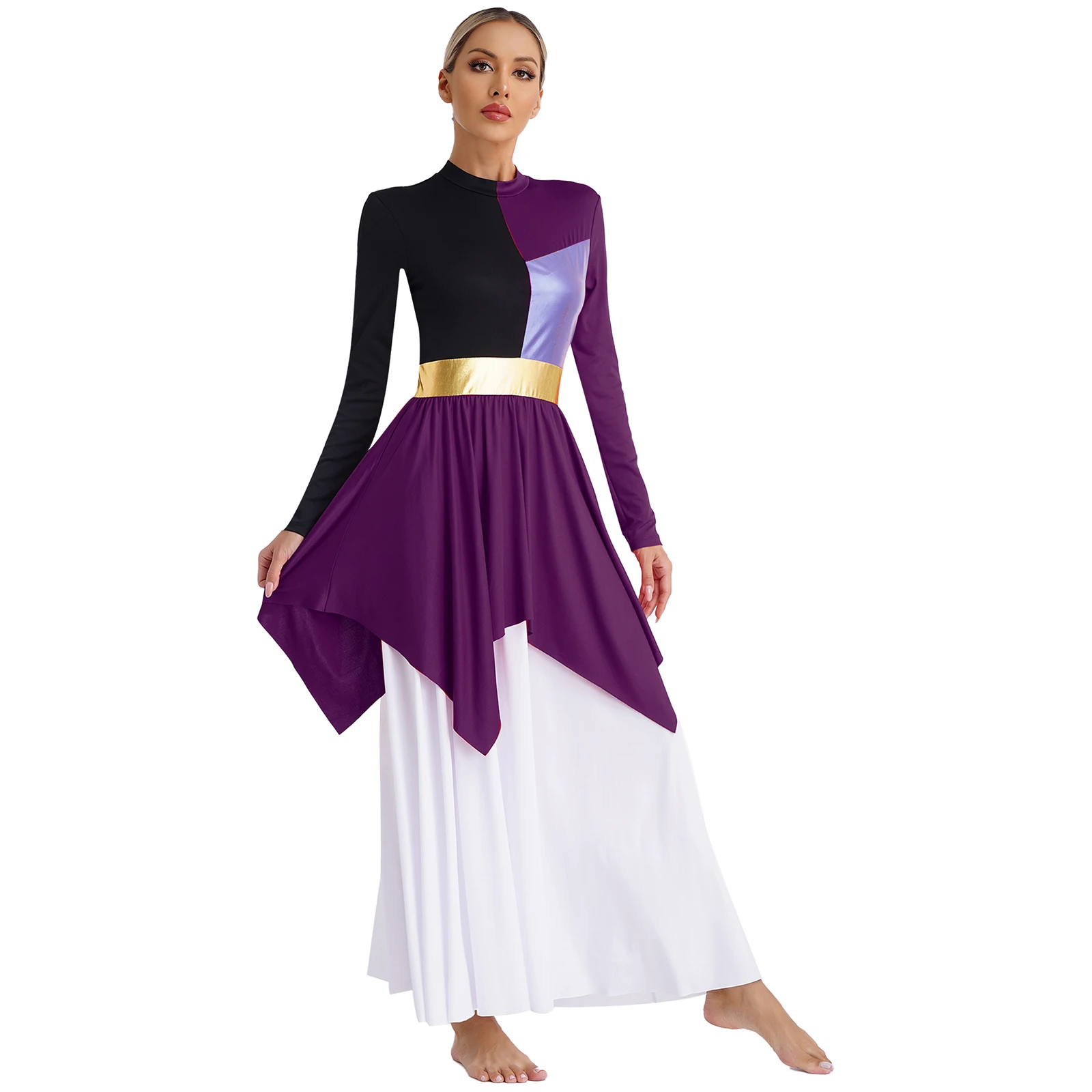 Womens Contrast Color Liturgical Dress Lyrical Ballroom Dance Choir Robe Performance Costume Long Sleeve Worship Maxi Dress